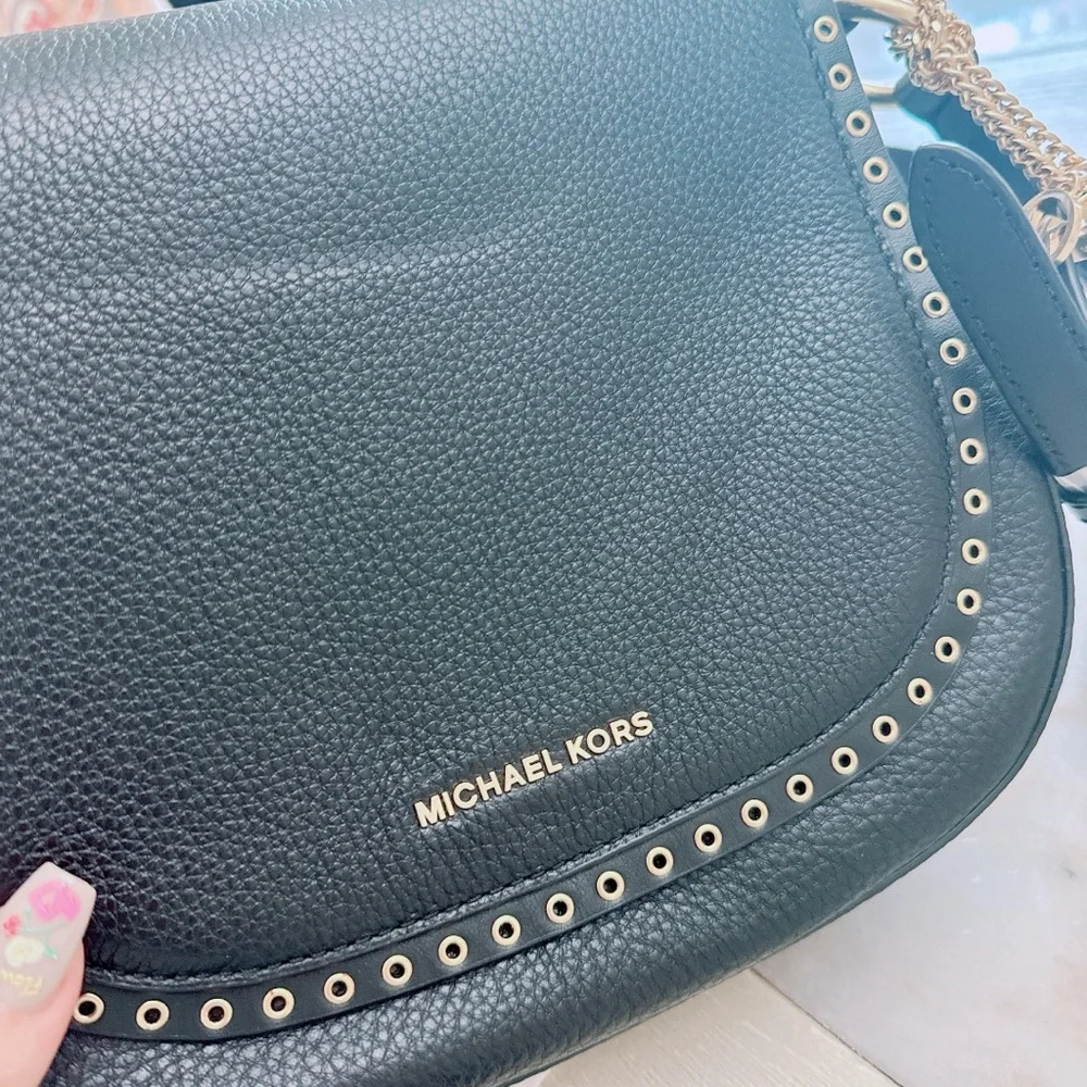 Michael Kors Brooklyn Medium Saddle Bag Leather Black/NWT - Picture 3 of 15